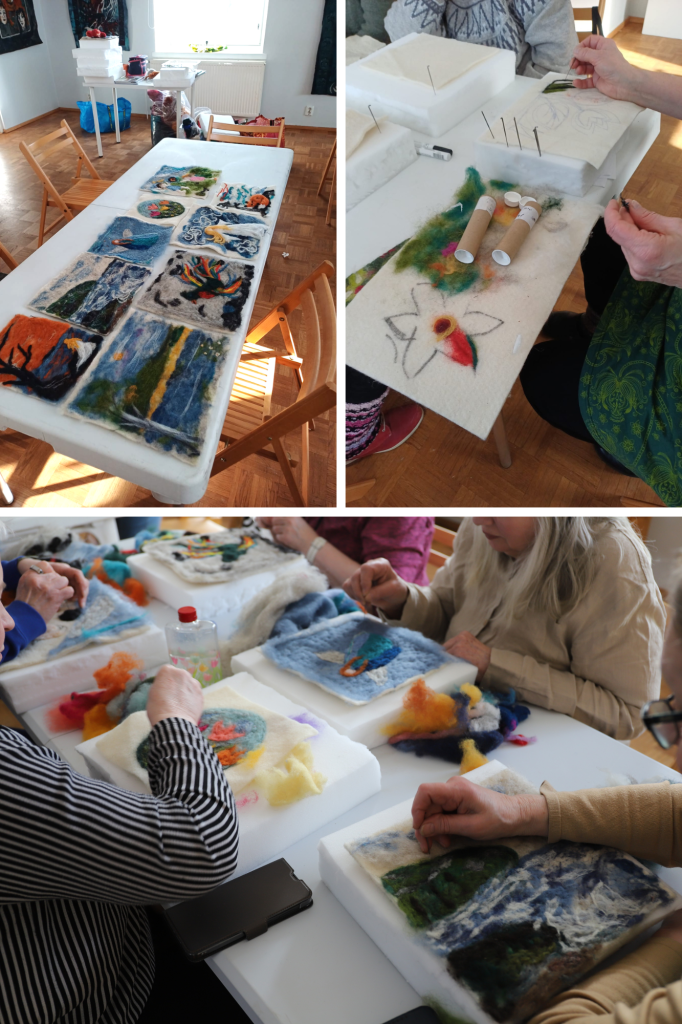 Kuvakollaasi, jossa tunnelmia huovutustyöpajasta. kuva yksi, valmiita teoksia. Kuva kaksi, alustoja ja neuloja. Kuva kolme, ihmisiä huovutuksen parissa.